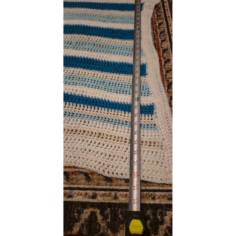 Vintage Handmade Crochet Throw Blanket Blue White Striped Afghan 49x32 Baby Lap‎